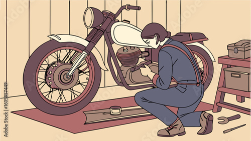 Mechanic working on classic motorcycle in a garage. Illustration of bike repair and maintenance.