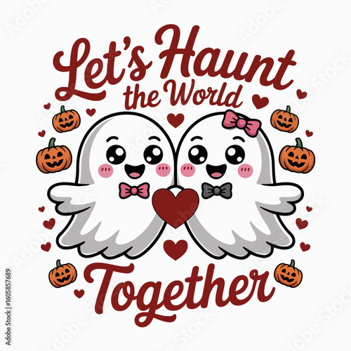 Lets haunt the world together card with ghost couple, pumpkins, Halloween romance, printable sticker, poster design