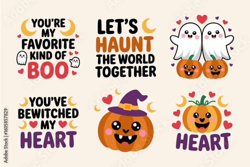 Halloween three pack card set with ghost, pumpkin, witch, playful Halloween, printable sticker, typographic design