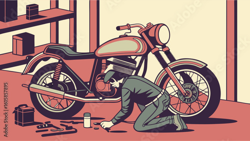 Man repairing vintage motorcycle in a garage workshop. Hobby mechanic working on bike maintenance.