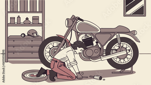 Man repairing vintage motorcycle in garage. Mechanic working on classic motorbike maintenance.