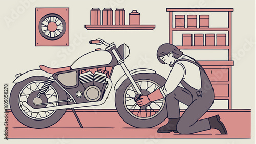 Motorcycle mechanic repairing bike in workshop, automotive maintenance illustration