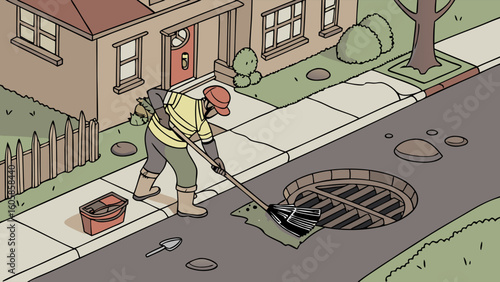 Urban street worker clearing a storm drain with a shovel, city maintenance illustration.