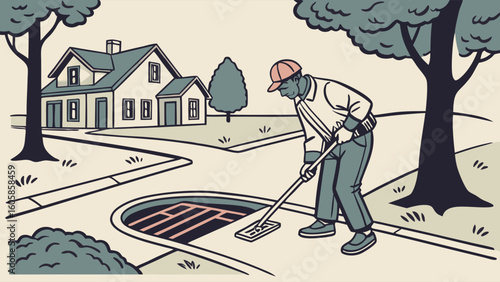 Manhole maintenance worker on a residential street with a house in the background