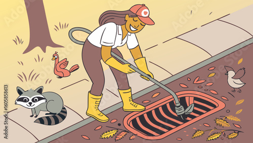 Woman cleaning storm drain, removing autumn leaves to prevent urban flooding and protect wildlife. Environmental care.