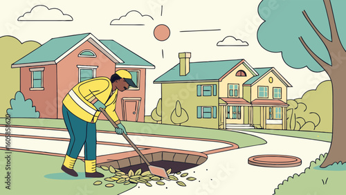 Maintenance worker clearing autumn leaves from a storm drain in a suburban neighborhood street, illustrating urban infrastructure care.