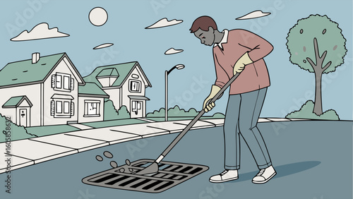 Man clearing debris from storm drain on a residential street, depicting urban maintenance and community effort