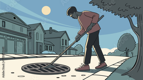 Man opening manhole cover on residential street with a tool, urban infrastructure maintenance illustration