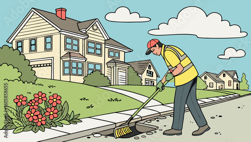 Sanitation Worker Sweeping Residential Street Gutter. Community Service and Urban Cleanliness.