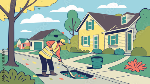 Residential street cleaning: Worker clearing autumn leaves from a storm drain in a neighborhood illustration
