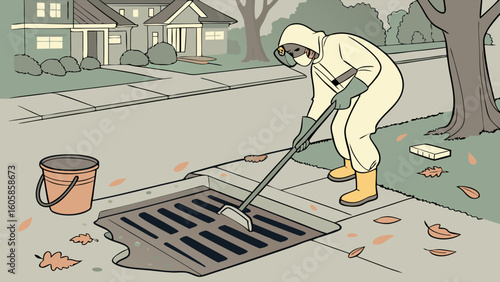 Worker in Hazmat Suit Cleans Storm Drain in Residential Area for Environmental Protection