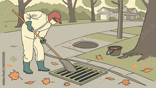 Person in Protective Suit Clearing Autumn Leaves from Street Storm Drain Grate