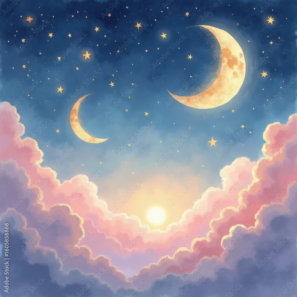 Fototapeta premium Celestial night sky with glowing crescent moons and shimmering stars over fluffy clouds at dusk
