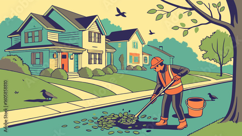 Worker in safety vest sweeping autumn leaves on suburban street. Outdoor maintenance and neighborhood cleanup illustration.