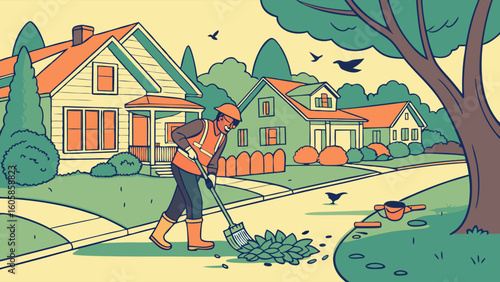 Illustration of a public works employee raking autumn leaves near a storm drain in a residential neighborhood.