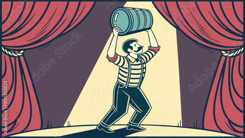 Retro Strongman Lifting Heavy Barrel on Stage Under Spotlight with Red Curtains