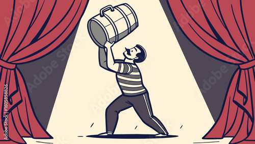 Retro strongman lifting heavy barrel on stage. Classic circus performance illustration of strength and power.