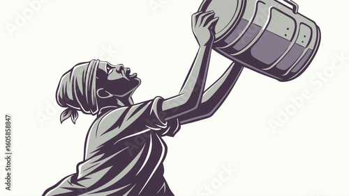 Woman struggling to lift heavy water container, symbolizing effort, water scarcity, and resilience in challenging conditions.