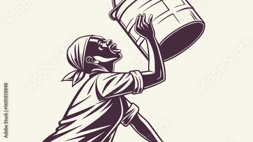 Engraving style illustration of a person holding an empty bucket, looking up with hope or longing