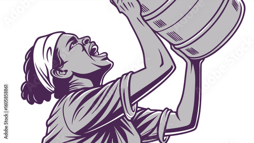 Triumphant athlete celebrating victory by pouring a championship trophy over their head. Dynamic monochromatic illustration of success and achievem...