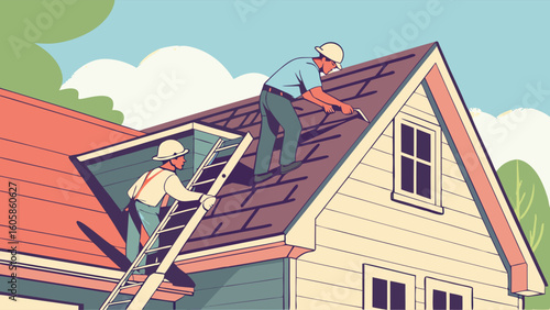 Professional Roofers Installing Shingles on Residential House Roof. Home Improvement and Construction Work Illustration