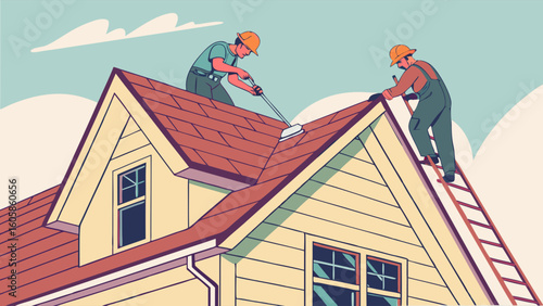 Professional roof maintenance and repair on a residential house by two workers, home improvement illustration