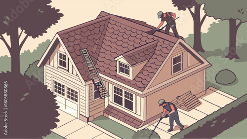 Home Renovation and Maintenance: Workers Repairing Roof and Landscaping Yard in Isometric Illustration