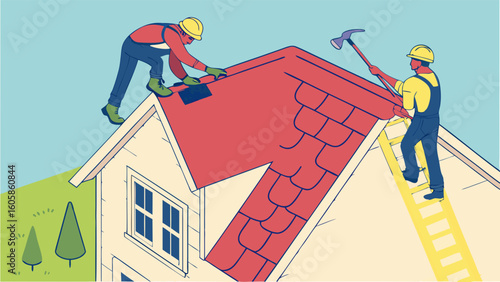 Two construction workers installing new red roof shingles on a residential house. Home renovation and building maintenance illustration.