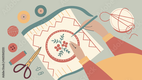 Creative Hands Embroidering Floral Design. Needlework Hobby, DIY Craft, Handmade Art on Fabric Hoop with Supplies.