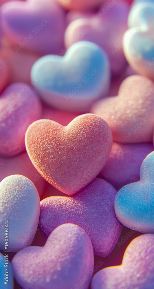Obraz premium A close-up view of small, pastel-colored heart shapes scattered in the background, evoking a soft, romantic, and dreamy Valentine's Day aesthetic,