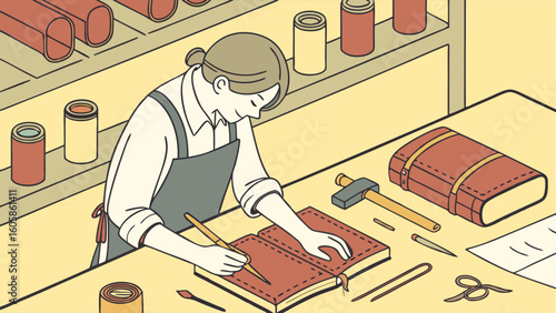 Artisan Hand-Stitching Leather Book Cover in Workshop. Isometric Illustration of Craftsperson Making Handmade Goods.