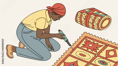 Woman crafting a traditional patterned rug, illustrating textile art and handmade craftsmanship