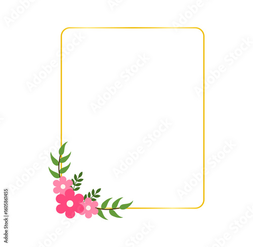 Stylish Pink Flowers and Greenery Frame in Flat Vector Style