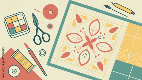 Creative Crafting Workspace: Art Supplies, DIY Tools & Folk Art Inspired Pattern Flat Lay