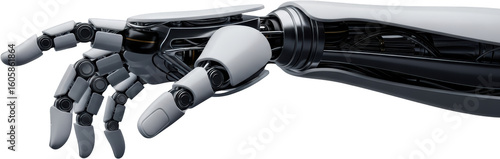 Detailed robotic arm with exposed internal mechanics and articulated fingers white and silver plating transparent background