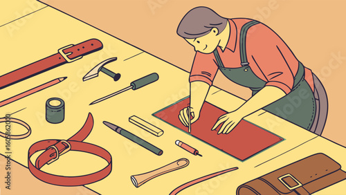 Leather Artisan Crafting Handmade Goods. Person Working on Leather Project with Traditional Tools on Workbench. Detailed Craftsmanship Illustration.