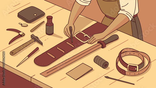 Leather artisan's hands crafting a belt on a workbench with tools. Handmade leather goods and traditional craftsmanship.