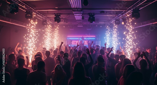 Spectacular pyrotechnics light up an energetic crowd dancing at a music festival.