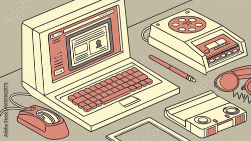 Nostalgic Isometric Tech Collection: Vintage Laptop, Phone, Recorder, and Office Gadgets Illustration