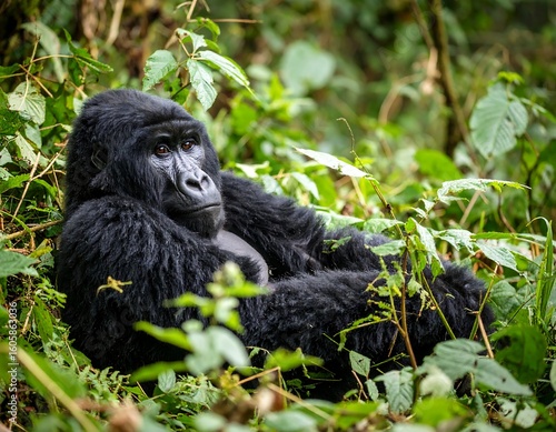 Gorilla resting in dense forest