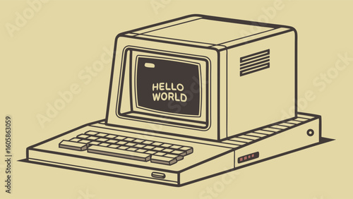 Vintage Computer Terminal Illustration with 'Hello World' Program Display
