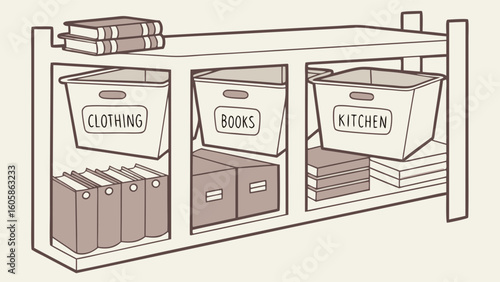 Organized Home Shelving Unit Illustration with Labeled Storage Bins for Household Items