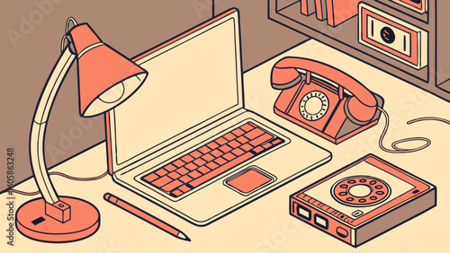 Retro and Modern Office Desk in Isometric View with Technology Devices