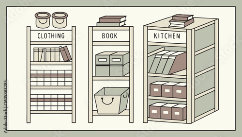Minimalist Home Organization Shelves Illustration: Clothing, Books, and Kitchen Storage Solutions