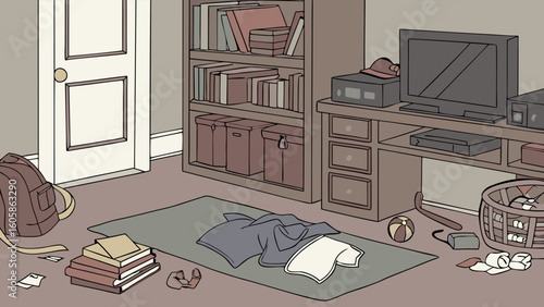 Disorganized Room Interior with Clutter. Untidy Bedroom Illustration.