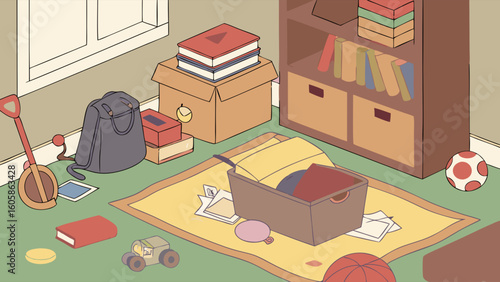 Cluttered Room Illustration with Scattered Books, Toys, and Household Items
