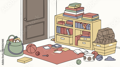 Cluttered children's room with scattered toys, books, and a full bookshelf. Untidy home space with storage bins, simple illustration.