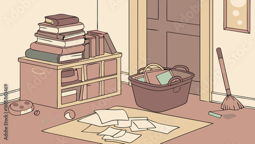 Messy Room Clutter Cartoon Illustration. Disorganized Interior with Books, Papers, and Household Items.