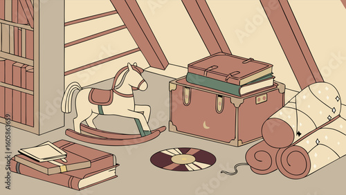 Warm Toned Attic Room with Vintage Books, Rocking Horse, and Old Trunk. Cozy Storage Space Illustration.