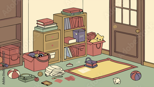 Cluttered Room Interior with Books, Toys, and Cat in Box Illustration